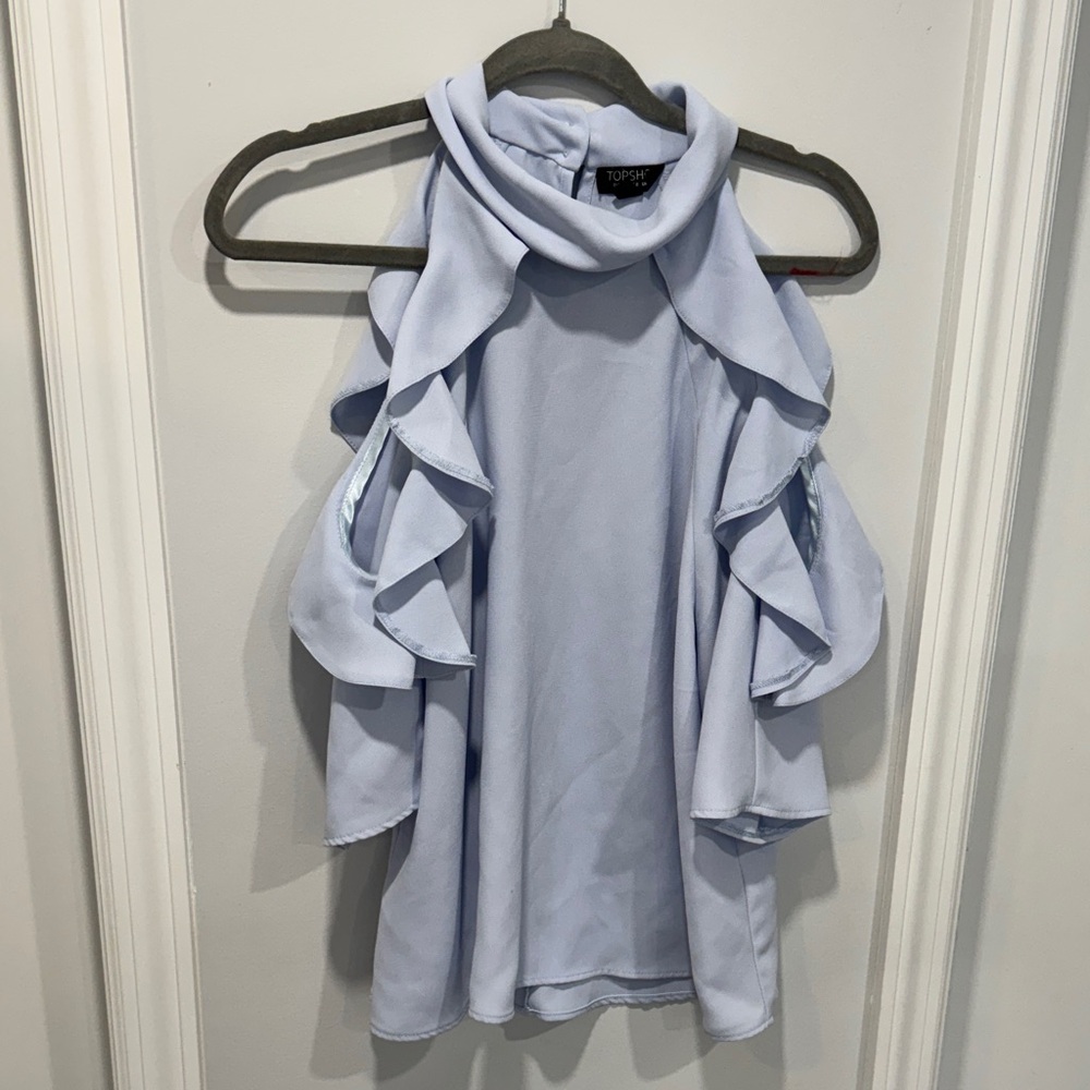 Topshop Blue Ruffle Cold-Shoulder Halter Blouse